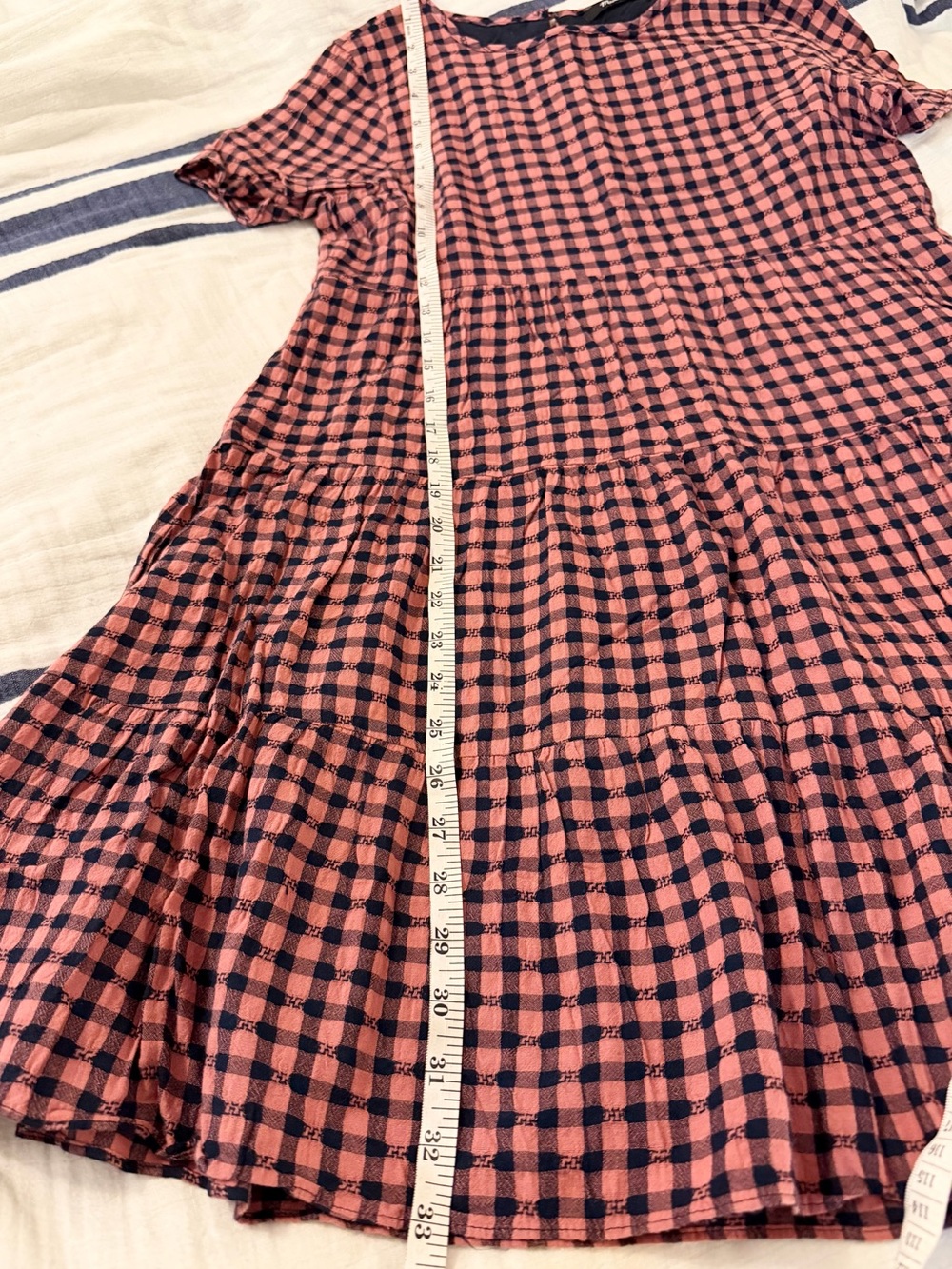 Madewell Short Sleeve Tiered Mini Dress Pink Navy Gingham Check, Like New, XS - Picture 14 of 16